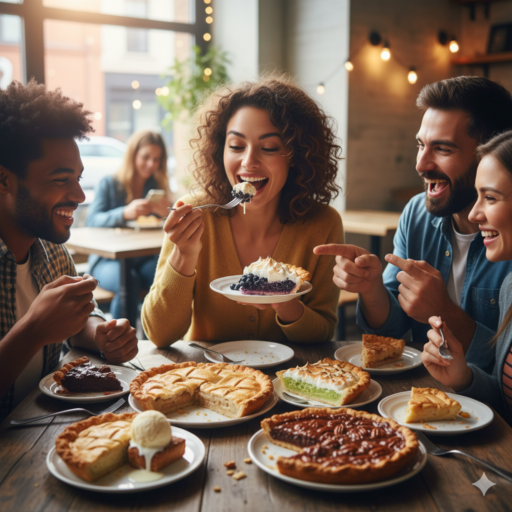 Friends laughing and sharing slices of pie at a sunlit cafe table.