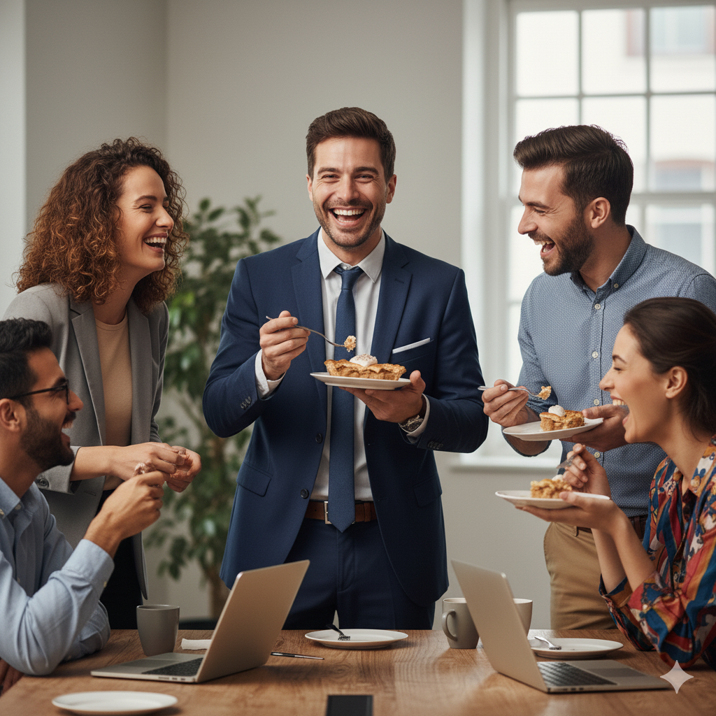 A group of office workers laughing and sharing slices of pie at a meeting.