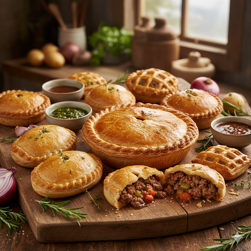 A wooden board with several savory hand pies and dipping sauces.