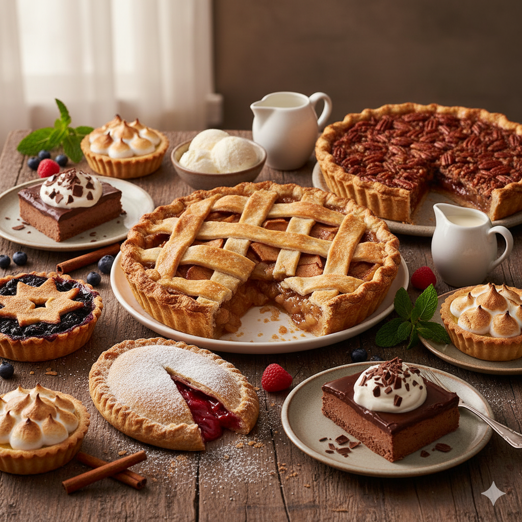 A spread of small sweet pies, tarts, and slices on a wooden table with a pitcher of cream.